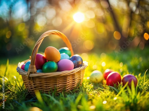 Colorful Easter Eggs in Woven Basket on Sunny Green Grass - Tilt-Shift Photography