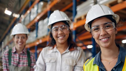 Three smiling young female hispanic warehouse workers looking at the camera inside their place of work