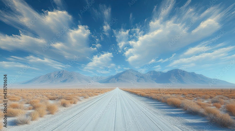 Obraz premium Long straight dirt road stretching into dry desert landscape with distant mountains under a bright blue sky with wispy clouds