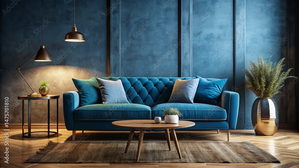 Obraz premium Cozy Living Room: Silhouette of Blue Velvet Sofa & Rustic Accent Table