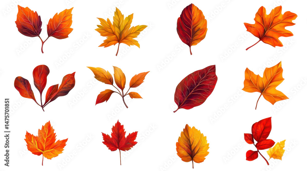 Autumn Leaves Illustration Set in Fall Colors isolated on transparent png Autumn Leaves Illustration Set in Fall Colors isolated on transparent png
