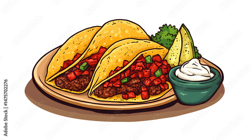 Mexican food: meat, tortilla, nachos, salsa, sour cream and pepp