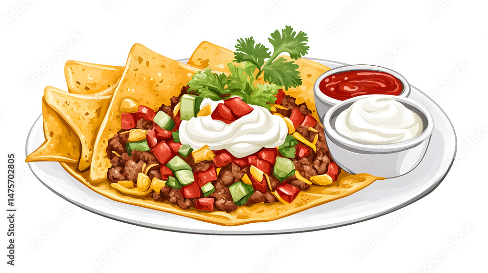 Mexican food: meat, tortilla, nachos, salsa, sour cream and pepp