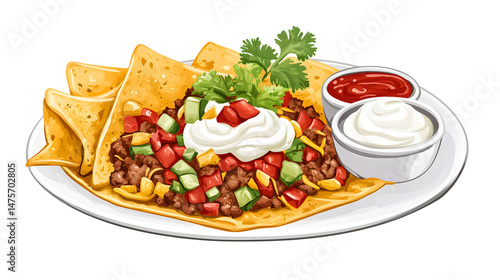 Obraz na płótnie Mexican food: meat, tortilla, nachos, salsa, sour cream and pepp
w salonie