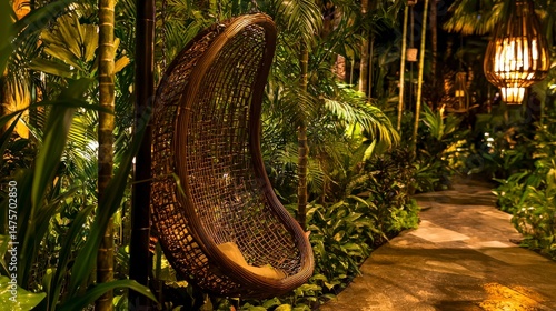 Serene Patio with Hanging Chair Surrounded by Lush Greenery