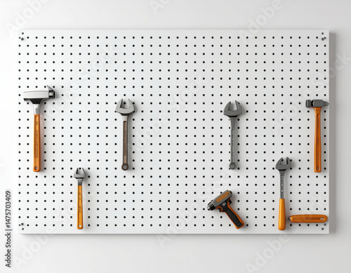 Collection of tools organized on pegboard wall