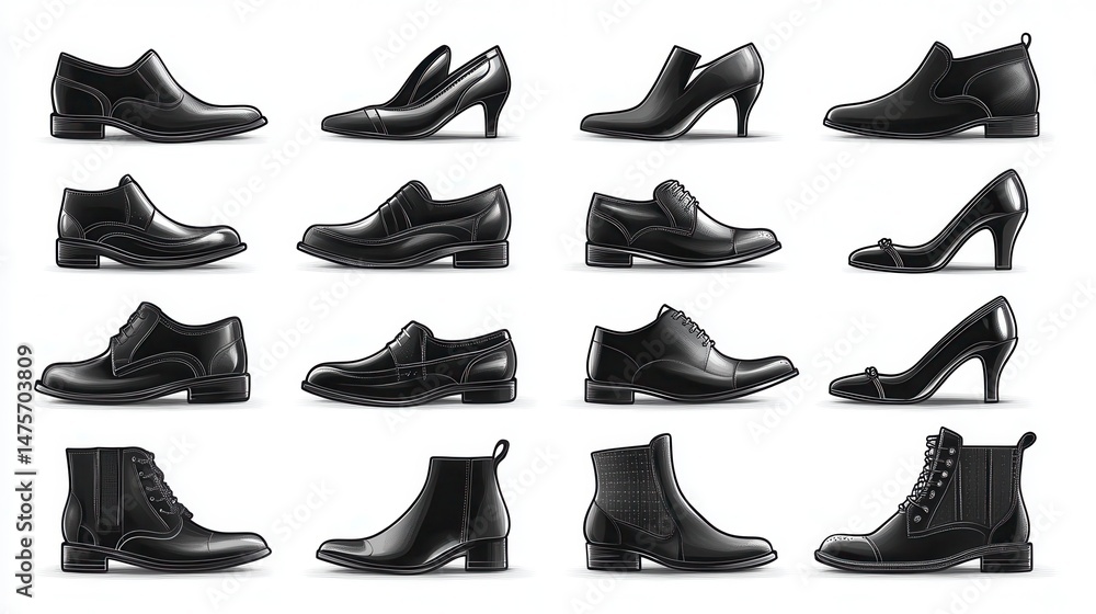 An array of sleek, glossy black shoes, a mix of heels and flats, displayed neatly in rows An array of sleek, glossy black shoes, a mix of heels and flats, displayed neatly in rows
