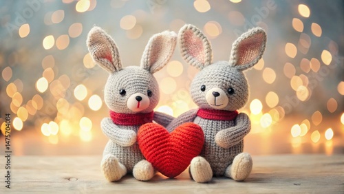 Cute Knitted Rabbit Couple Holding Heart, Valentine's Day Decor Stock Photo