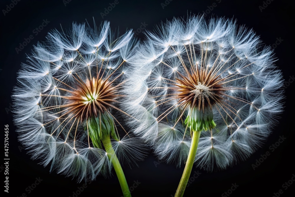 Fototapeta premium Dandelion Seed Heads, Fluffy White, Black Background, Closeup, Macro Photography
