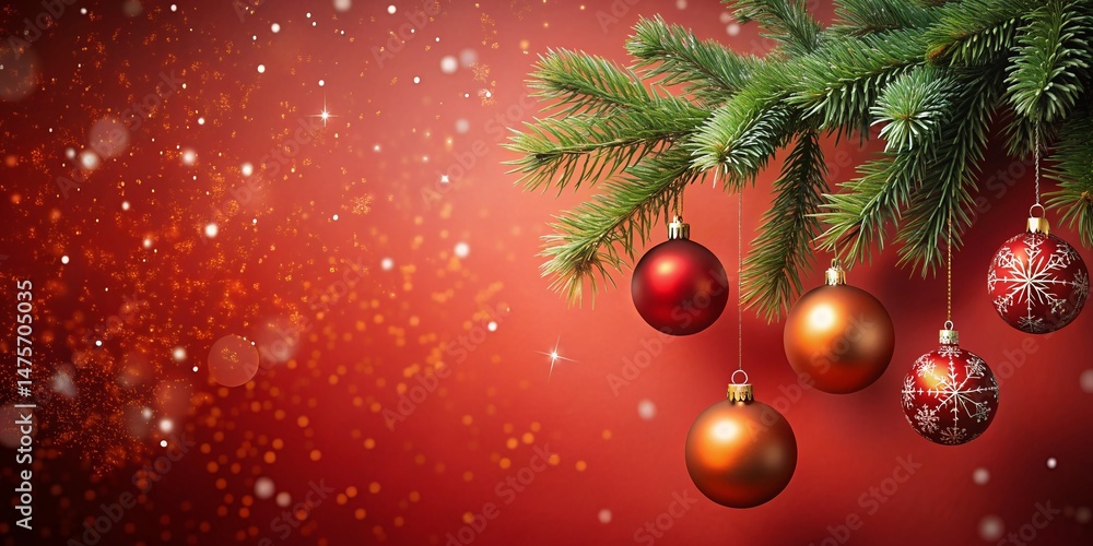 Obraz premium Dark Red Minimalist Christmas Background: Hanging Ornaments, Snowflakes & Fir