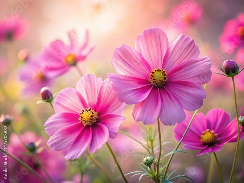 Delicate Pink Cosmos Flower Close-Up: Vibrant Petals and Soft Focus Macro Photography