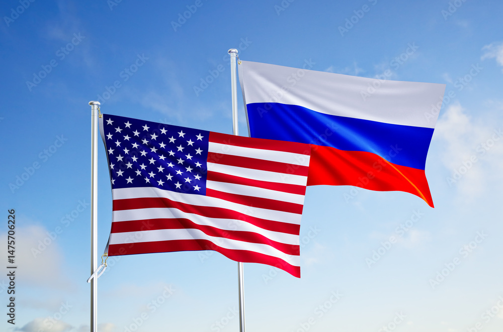 Obraz premium flags of russia and united states of america over blue sky background.