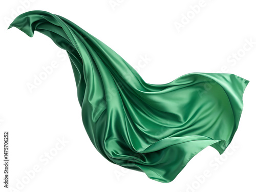 Flying green silk fabric isolated on transparent background. A green silk scarf is shown in the air, with the fabric flowing and creating a sense of movement.