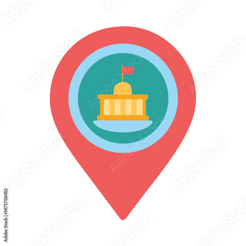 Government building icon in location pin, flat design style
