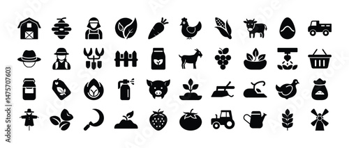 Farm and agriculture solid icon set representing farming elements and agricultural products
