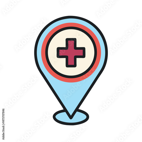 Hospital location icon with map pointer for medical care