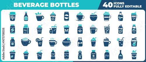 Collection of forty beverage icons representing various drinks and containers
