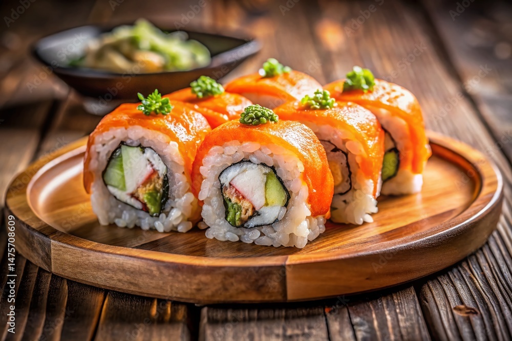 Delicious Philadelphia Roll Sushi on Rustic Wooden Plate - Authentic Japanese Cuisine Stock Photo Delicious Philadelphia Roll Sushi on Rustic Wooden Plate - Authentic Japanese Cuisine Stock Photo