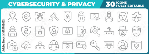 Cybersecurity and privacy thin line icons set data protection and network security