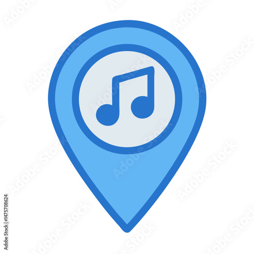 Blue map pointer featuring musical note for venue location