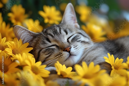 Fototapeta Naklejka Na Ścianę i Meble -  Cute tabby cat sleeping peacefully among vibrant yellow flowers in a serene garden setting, capturing the essence of tranquility and nature's beauty.