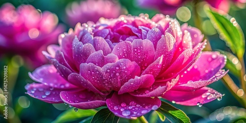 Dew-Kissed Peony Bloom: Close-up Macro Photography After Rain