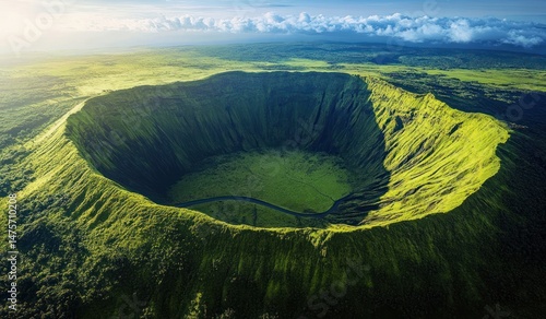 A large volcanic crater covered with lush green vegetation under bright sunlight with distant clouds and expansive forest landscape