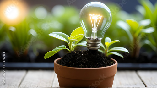 A miniature light bulb in a pot with small plant growing from it, growth, garden