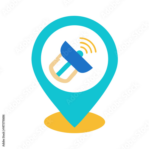 Location pinpoint with satellite dish broadcasting technology signal icon