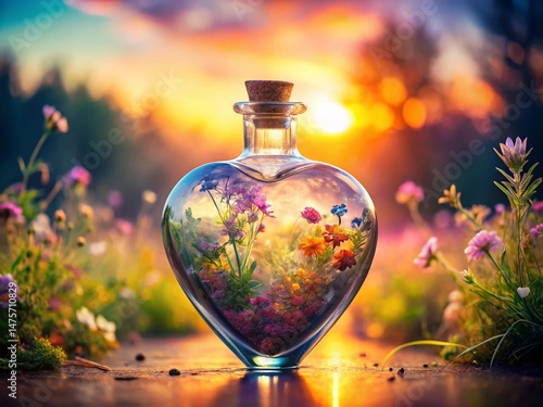 Double Exposure Heart Shaped Bottle Feminine Romance Concept Stock Photo