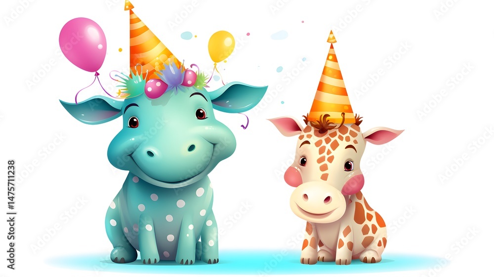 Fototapeta premium Adorable Little Giraffe and Hippo Wearing Party Hats Vector Illustration