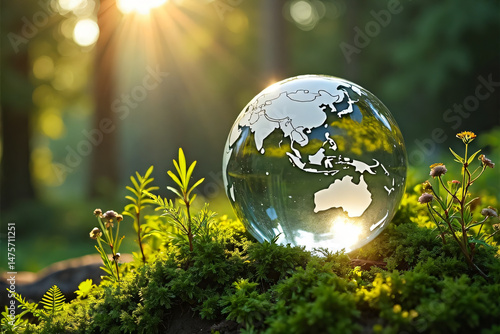 Crystal globe glass on green moss in forest to protect nature Save and care World for sustainable. concept of the environment ecology and Earth Day. eco environment and ESG concept