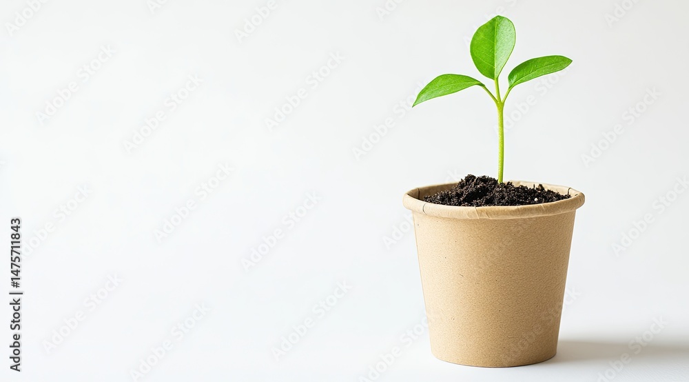A small sprout emerges from dark soil in a biodegradable pot against a white backdrop A small sprout emerges from dark soil in a biodegradable pot against a white backdrop