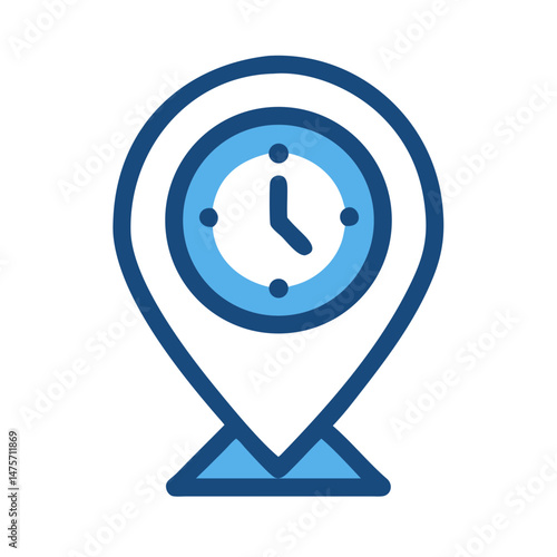 Blue clock pin location vector icon on black backdrop