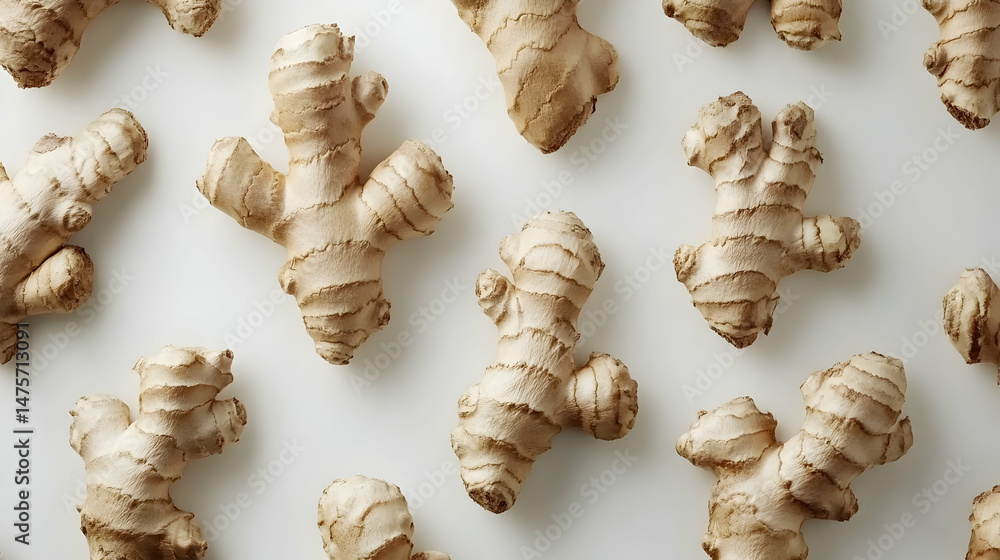 Fresh ginger roots flat lay, white background, healthy food ingredient Fresh ginger roots flat lay, white background, healthy food ingredient