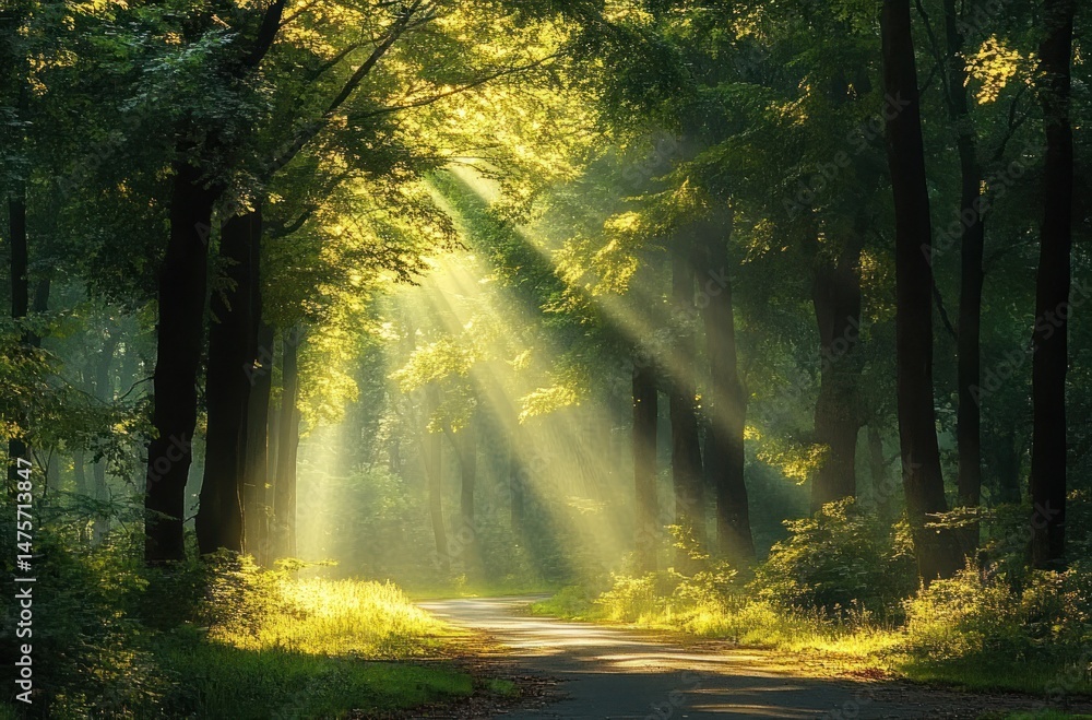 Fototapeta premium Sunlight beams streaming through tall trees onto a forest path surrounded by lush green vegetation, creating a serene and peaceful atmosphere