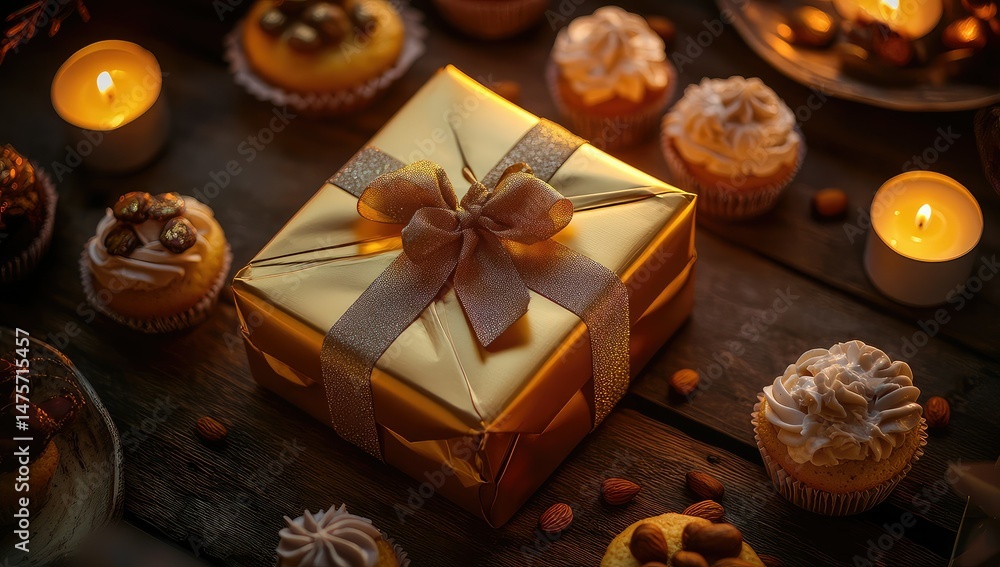 Golden Gift with Festive Cupcakes, and Warm Lights. Golden Gift with Festive Cupcakes, and Warm Lights.