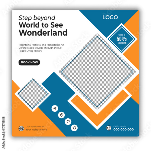 Travel and tour social media posts and web banner square design template