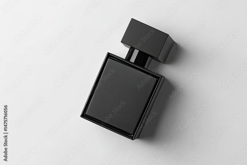 Obraz premium Sleek black square perfume bottle on white background