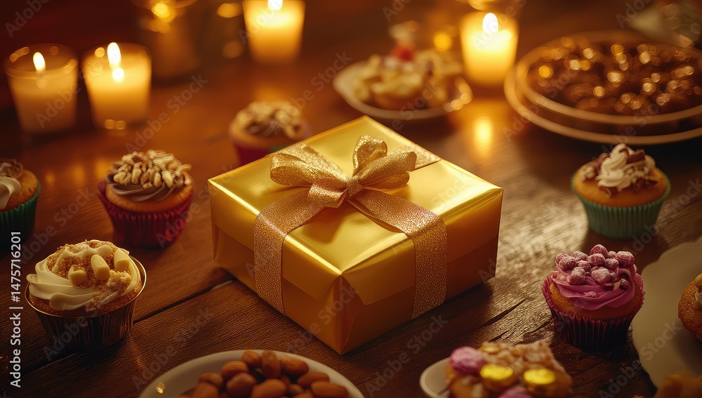 Naklejka premium Golden Gift with Sweets, Candles, and Table.