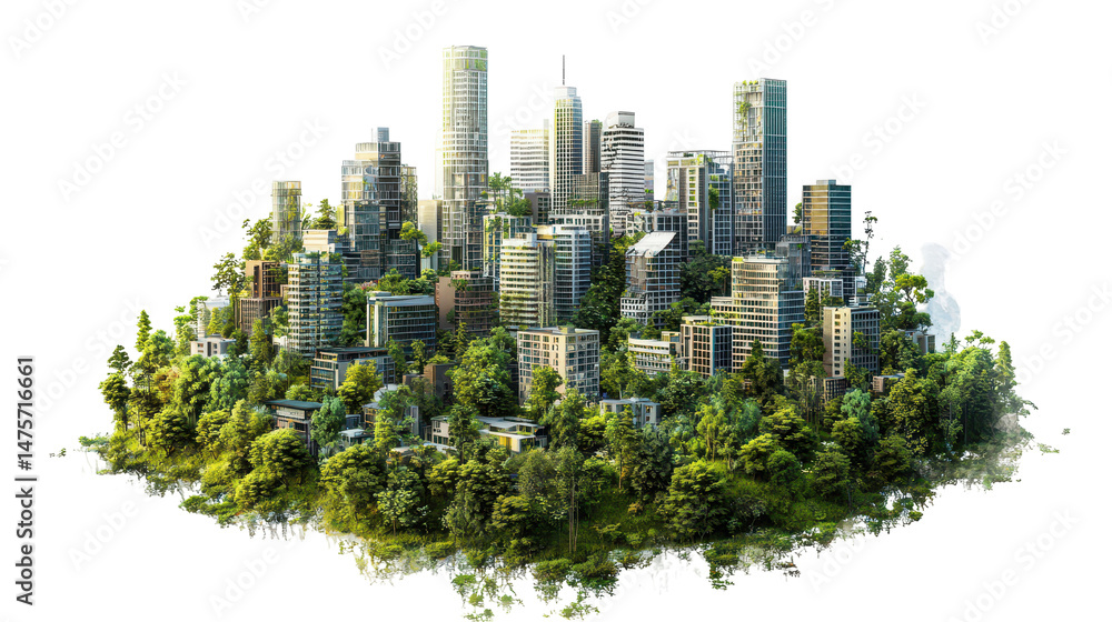 Fototapeta premium Rendering of urban city with green trees and modern architecture isolated on transparent png
