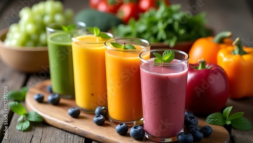 Wallpaper Mural High quality professional photography of healthy food concept. Close-up shots of fresh fruits, vegetables, smoothies or colorful salad bowls arranged aesthetically on a rustic wooden table. Torontodigital.ca