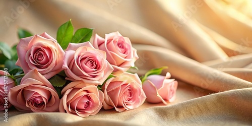 Elegant Pink Roses on Beige Fabric Drape - Romantic Floral Background