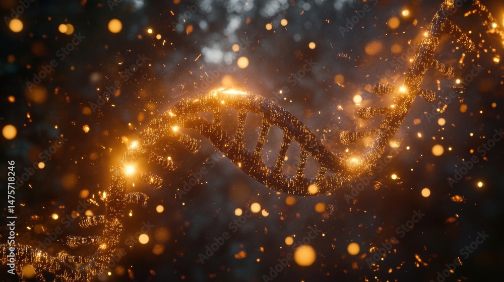 Obraz premium Double helix DNA structure with binary code and digital particles in background