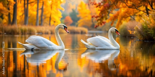 Fototapeta Naklejka Na Ścianę i Meble -  Elegant Swans in Autumnal Boston Pond: Fall Fashion Photography