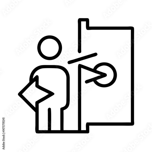 Line icon of person inserting document into secure door, access control or document verification concept, black and white outline for security systems