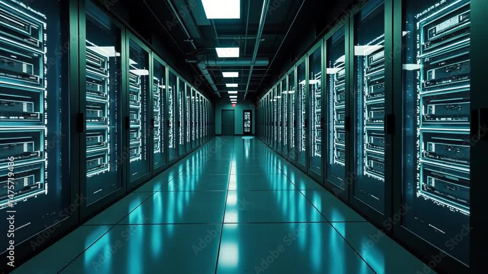A data center with illuminated server racks in a hallway. A data center with illuminated server racks in a hallway.