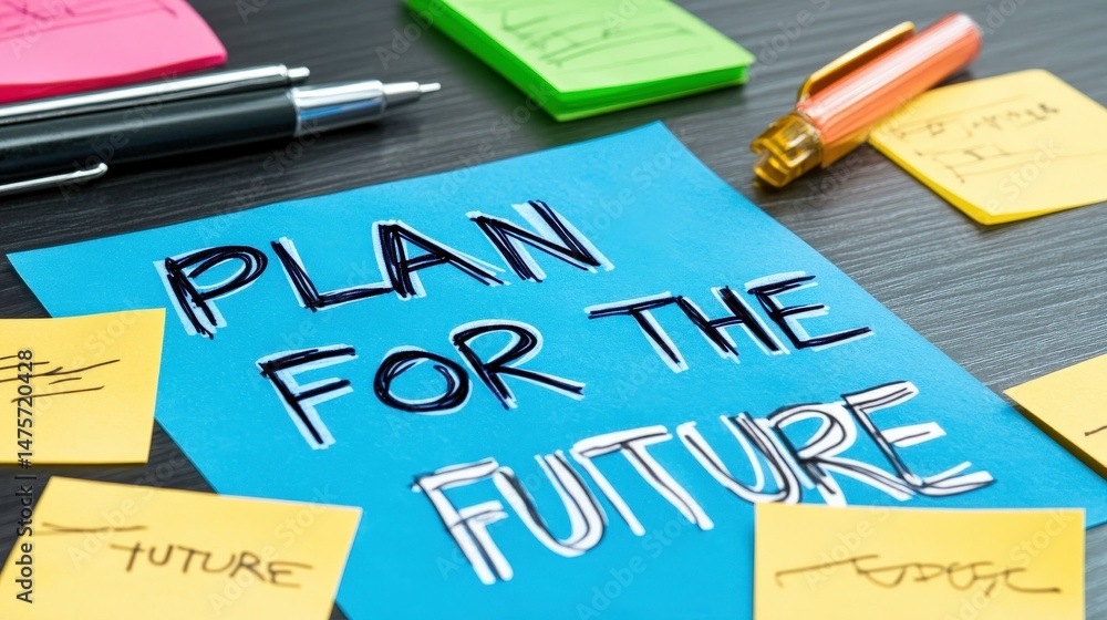 Creative workspace with sticky notes and pens highlighting the importance of planning for the future on a vibrant blue background with stationery supplies Creative workspace with sticky notes and pens highlighting the importance of planning for the future on a vibrant blue background with stationery supplies