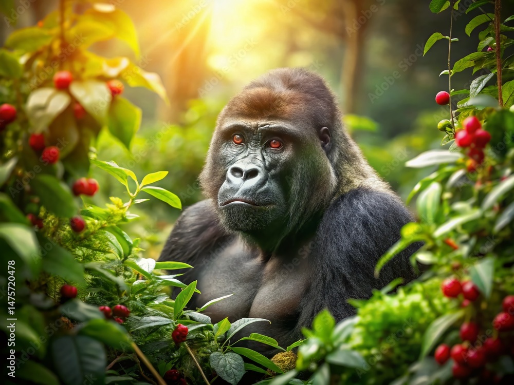 Obraz premium Endangered Gorilla Eating Wild Berries in Lush Jungle Habitat