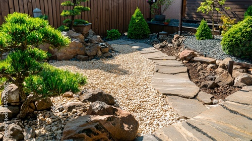 Peaceful Garden Pathway with Gravel, Trees, and Bonsai Elements